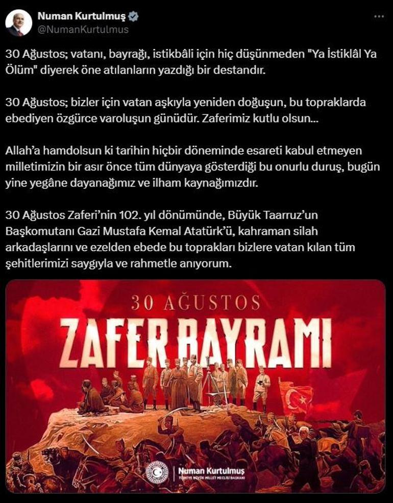 TBMM Başkanı Kurtulmuştan 30 Ağustos Zafer Bayramı mesajı