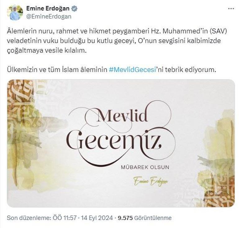 Emine Erdoğandan Mevlid Kandili mesajı