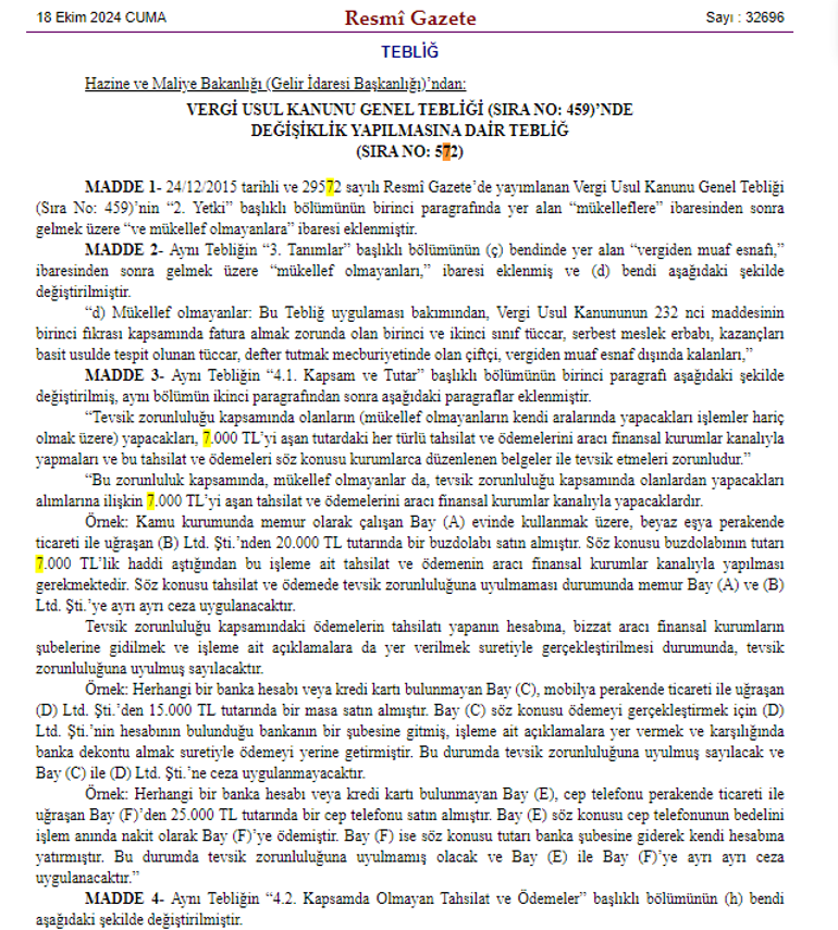 Milyonları ilgilendiriyor: Resmi Gazetede yayımlandı: 7 bin liranın üzerindeki ödemeler için banka zorunluluğu getirildi