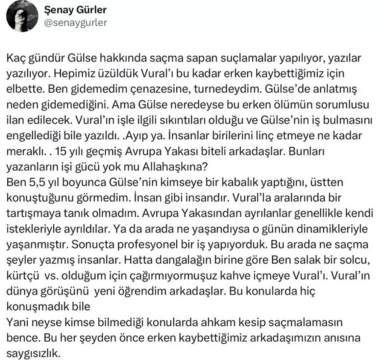 Vural Çelik paylaşımı ile tepki çeken Gülse Birsele, Şenay Gürlerden destek