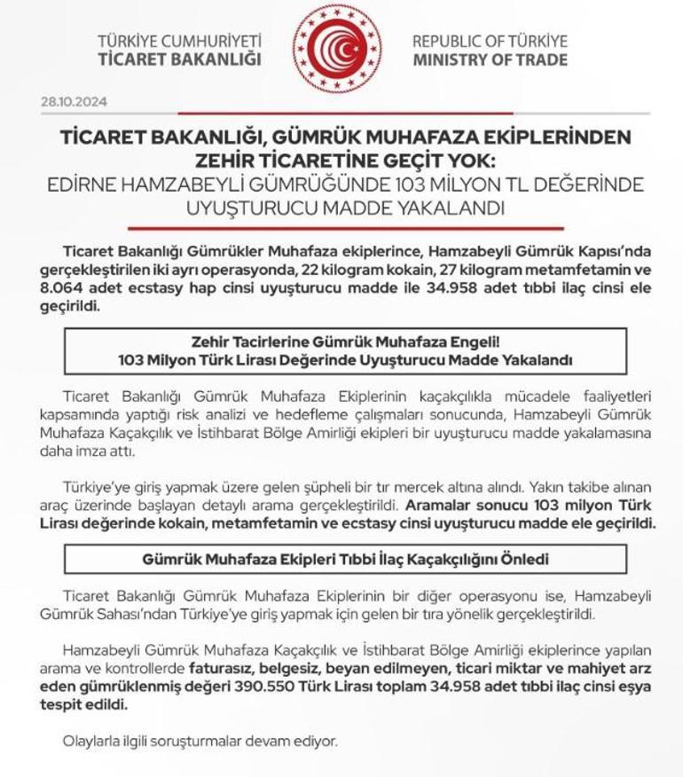 Edirne Hamzabeyli Gümrüğünde 103 milyon TL değerinde uyuşturucu madde yakalandı