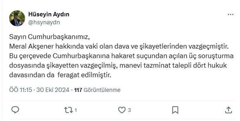 Erdoğan, Meral Akşenere yönelik dava ve şikayetlerinden vazgeçti