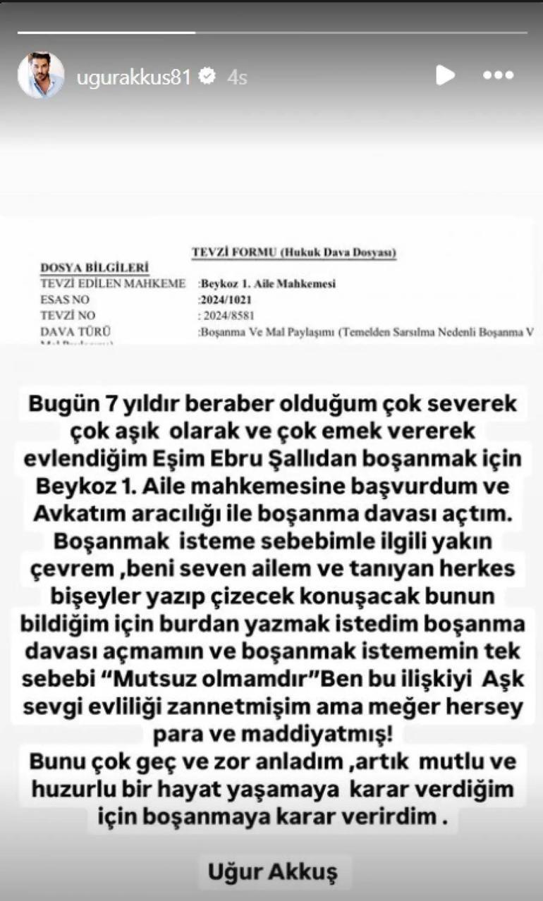 Uğur Akkuş, Ebru Şallıya boşanma davası açtı Her şey para ve maddiyatmış