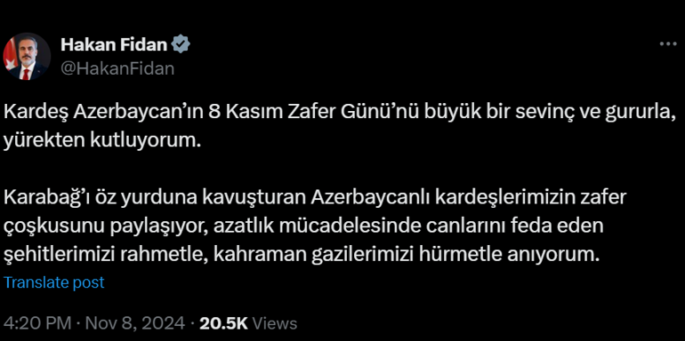 Dışişleri Bakanı Hakan Fidan, Azerbaycanın Zafer Gününü kutladı