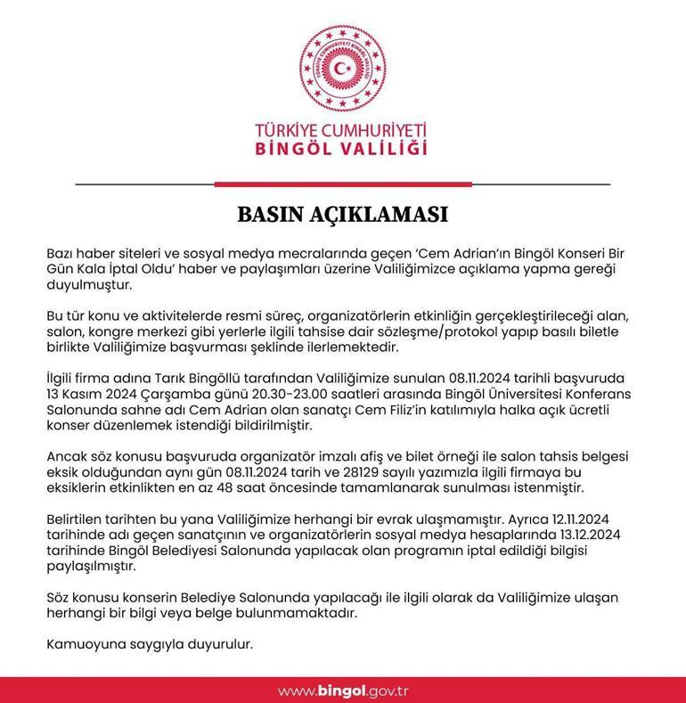 Cem Adrian konseriyle ilgili Bingöl Valiliğinden açıklama