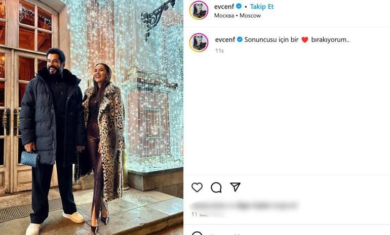 Fahriye Evcen Moskova soğuğunda aşka geldi Eşini kalp emojisiyle paylaştı