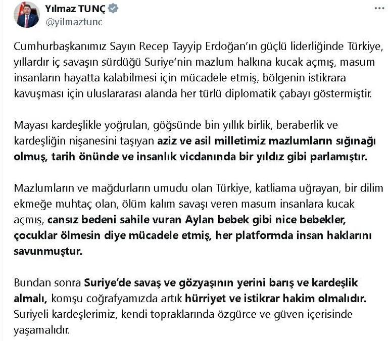 Bakan Tunçtan Suriye açıklaması: Komşu coğrafyamızda artık hürriyet ve istikrar hakim olmalıdır