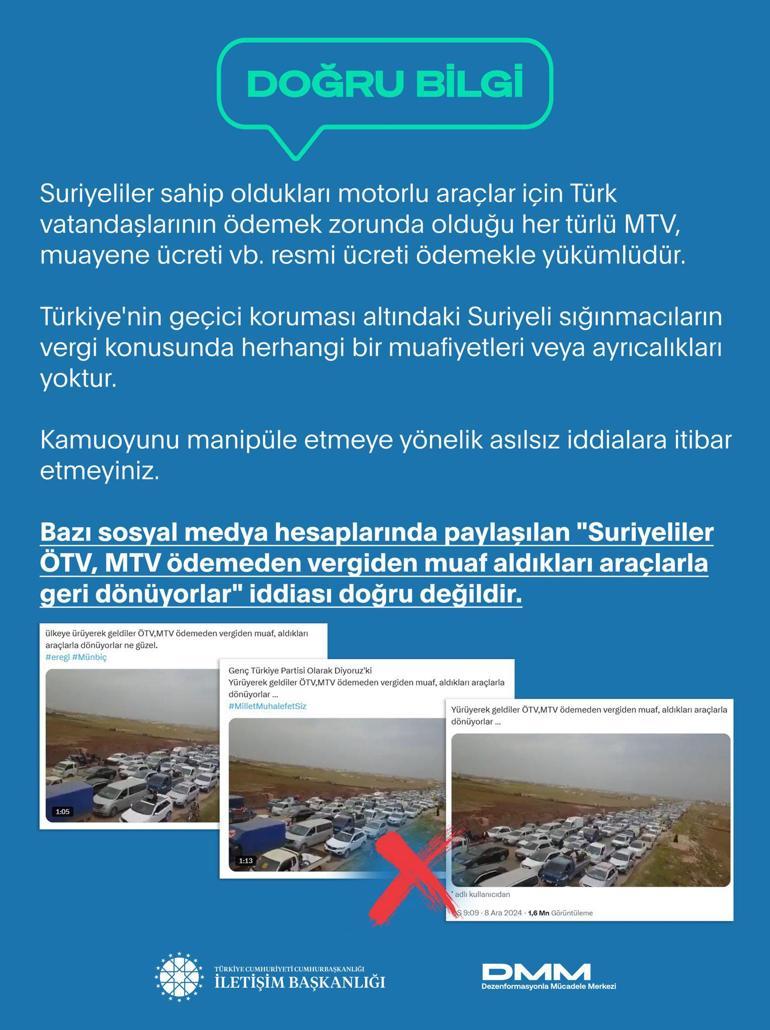 Suriyeliler vergiden muaf olarak aldıkları araçlarla geri dönüyorlar iddiasına DMMden yalanlama