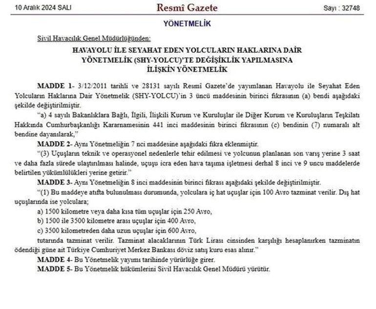 Rötar yapan havayolu şirketlerinin yolcuya tazminat ödemesi Resmi Gazetede