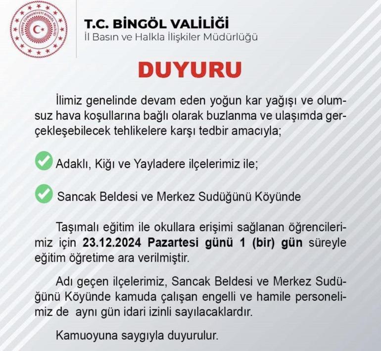 Bingölde eğitime kar engeli Valilik duyurdu