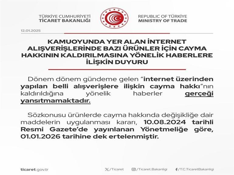 Ticaret Bakanlığı cayma hakkı ile ilgili iddiaları yalanladı