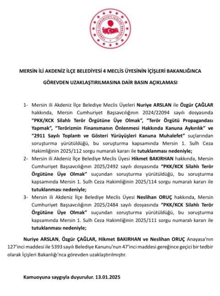 İçişlerinden kayyum kararı Tutuklanan DEM Partili Akdeniz Belediye Başkanı Hoşyer Sarıyıldız görevden alındı