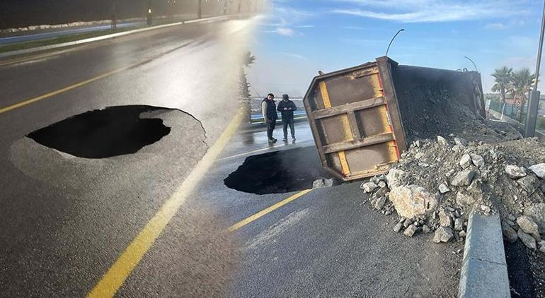 Balıkesirde feci olay Yol çöktü, hafriyat kamyonu devrildi