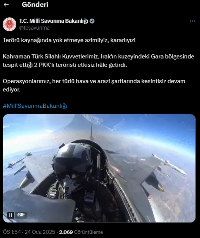 Irakın kuzeyinde 2 PKKlı terörist etkisiz hale getirildi