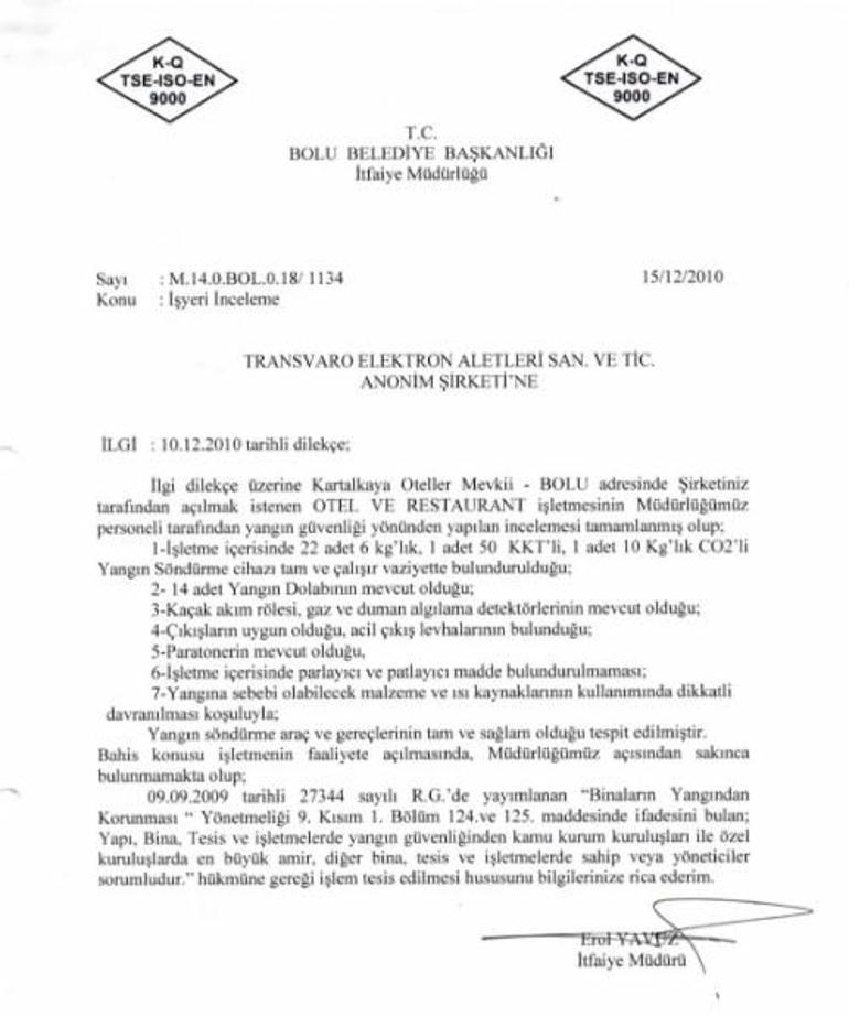 Bolu İtfaiyesinden 3 rapor daha... Kartalkayadaki 3 otelin belgeleri ortaya çıktı