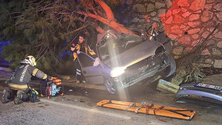 Denizlide kontrolden çıkan otomobil ağaca çarptı: 2 ölü, 1 yaralı