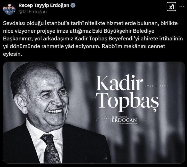 Cumhurbaşkanı Erdoğan, eski İBB Başkanı Kadir Topbaşı andı