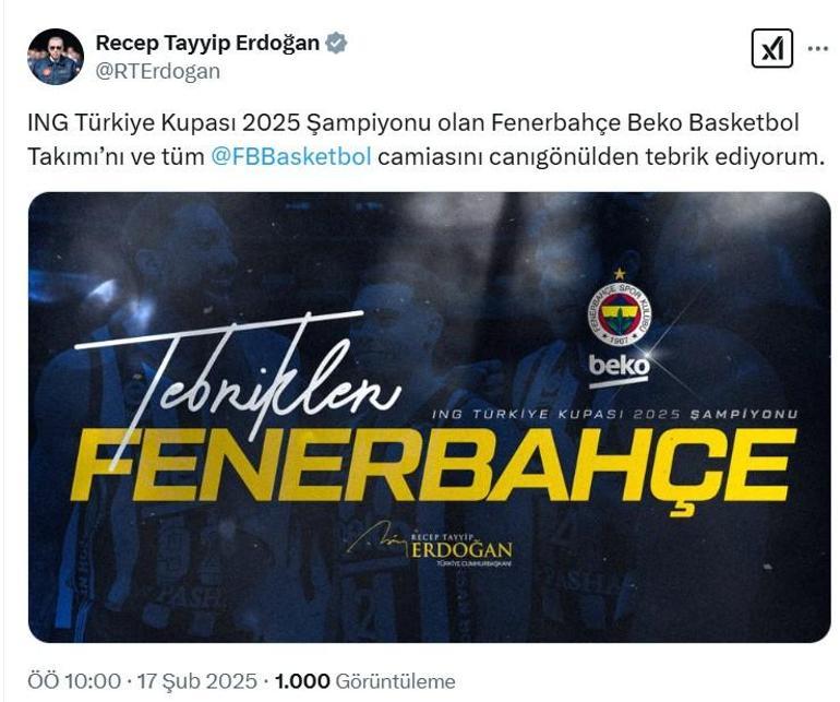 Cumhurbaşkanı Erdoğandan Fenerbahçe Bekoya tebrik