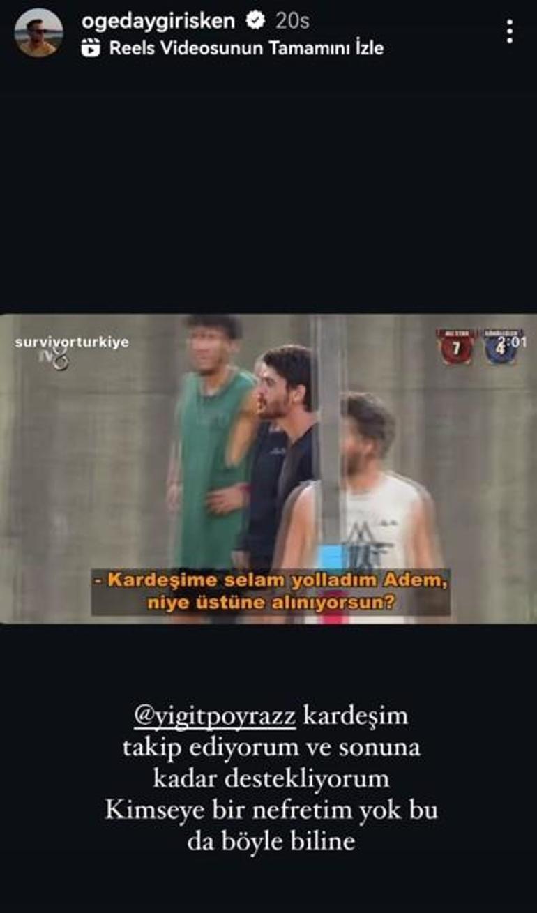 Survivor 2024 şampiyonu Ogeday Girişkenden Yiğit Poyraza destek paylaşımı