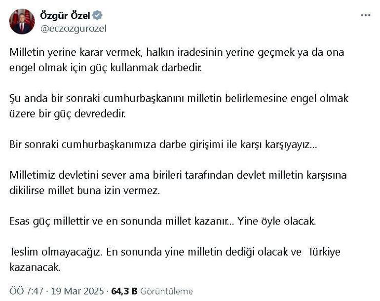 Özgür Özelden Ekrem İmamoğlunun gözaltına alınmasına ilişkin açıklama