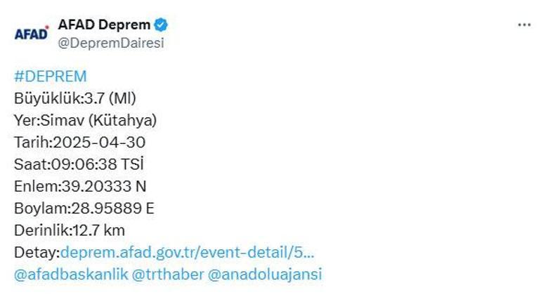Son dakika... Kütahyada 3.7 büyüklüğünde deprem