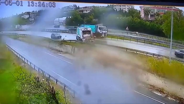 Büyükçekmece’de kayganlaşan yolda 3 kamyon kaydı, facianın eşiğinden dönüldü