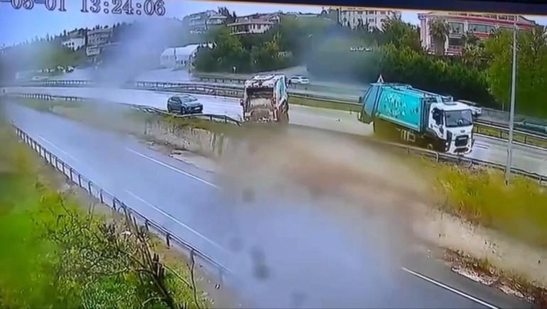 Büyükçekmece’de kayganlaşan yolda 3 kamyon kaydı, facianın eşiğinden dönüldü