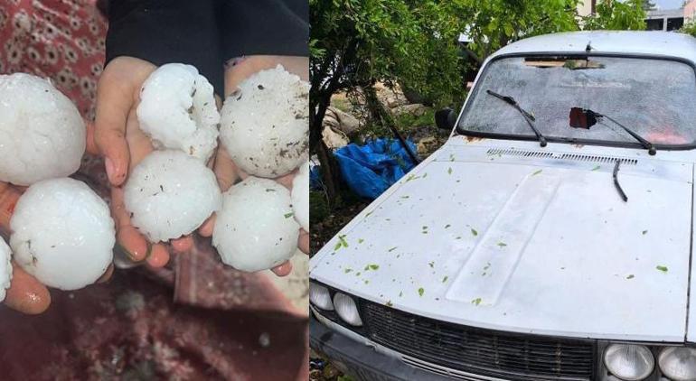 Kar topu büyüklüğünde dolu Araçların camları kırıldı
