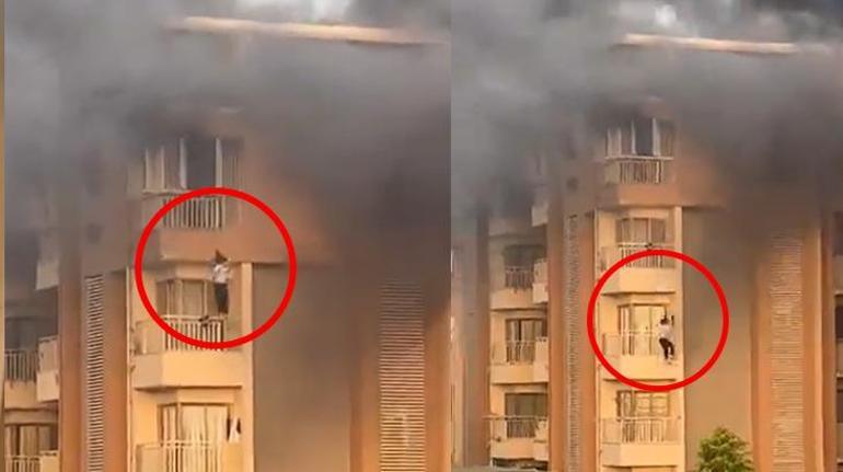 Dehşete düşüren an Alevlerin içinde kaldı, 5. kattan atladı
