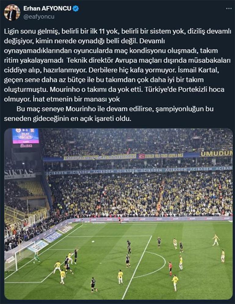 Fenerbahçe - Beşiktaş sonrası ünlü tarihçi Erhan Afyoncudan Mourinho çıkışı: İnat etmenin manası yok