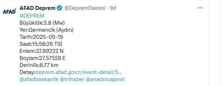 Aydında 3,8 büyüklüğünde deprem