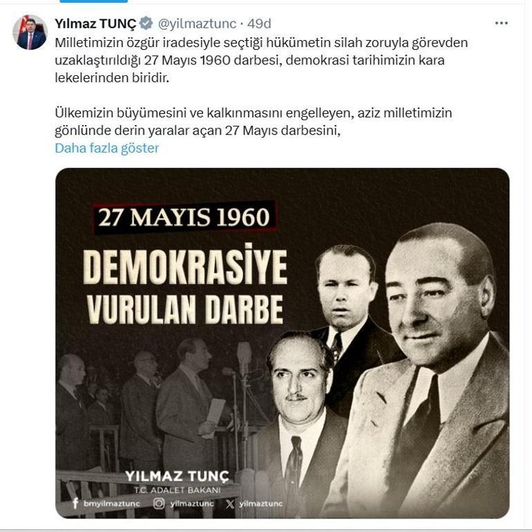 Adalet Bakanı Tunçtan 27 Mayıs darbesi paylaşımı