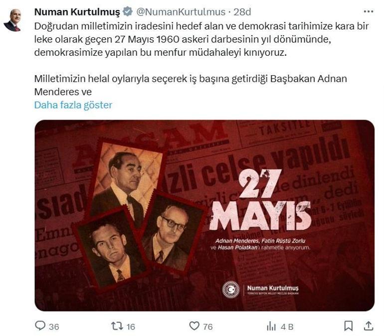 Meclis Başkanı Kurtulmuştan, 27 Mayıs 1960 darbesi paylaşımı