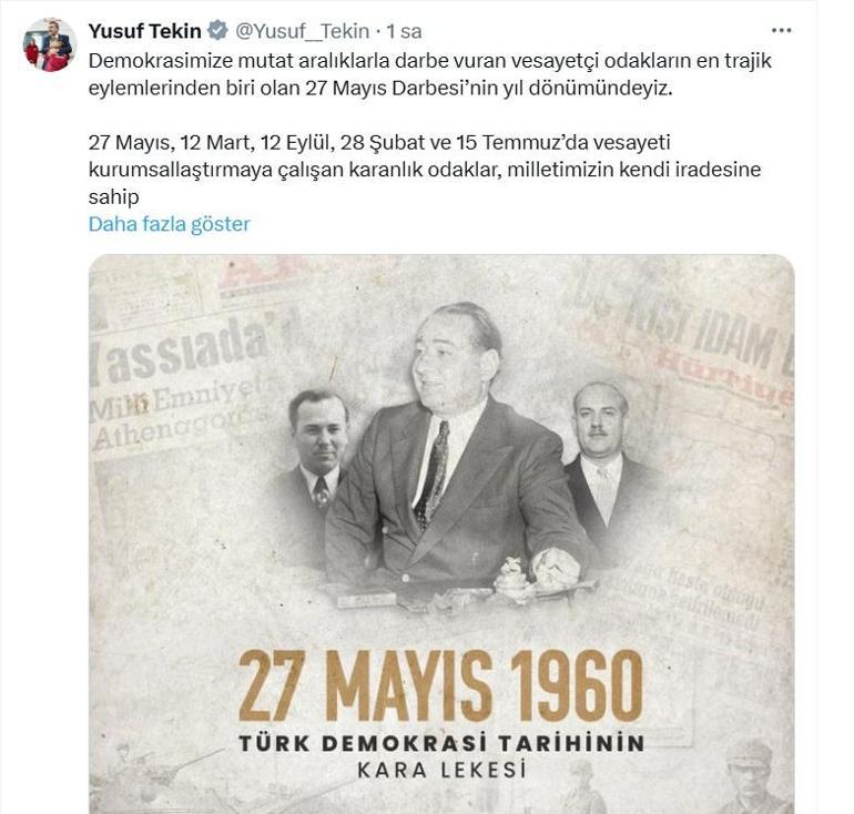 Milli Eğitim Bakanı Tekinden, 27 Mayıs darbesi paylaşımı