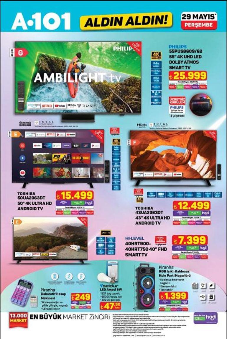 29 MAYIS A101 AKTÜEL KATALOĞU A101 Aldın Aldın 29 Mayıs Perşembe aktüel kataloğunda bu hafta hangi ürünler var TV, 26 Jant Bisiklet, Termosifon, 125 cc Benzinli Motosiklet...