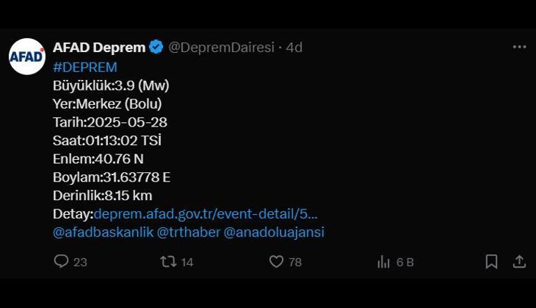 SON DAKİKA Boluda 3.9 büyüklüğünde deprem