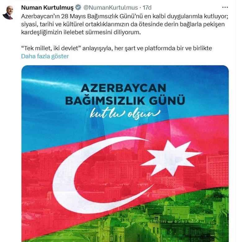 Numan Kurtulmuş, Azerbaycanın Bağımsızlık Gününü kutladı