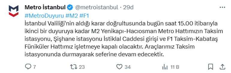 Metro İstanbul duyurdu: Taksim ve Şişhane istasyonları kapatıldı