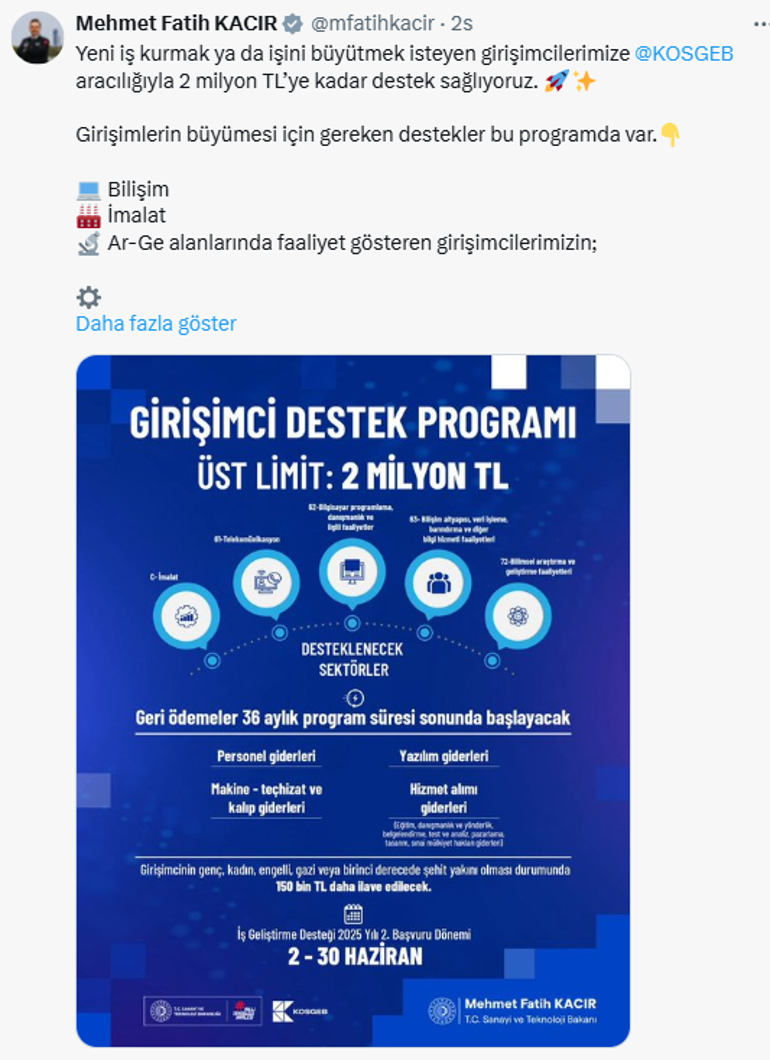 Bakan Kacır duyurdu: Girişimcilere 2 milyon liralık destek