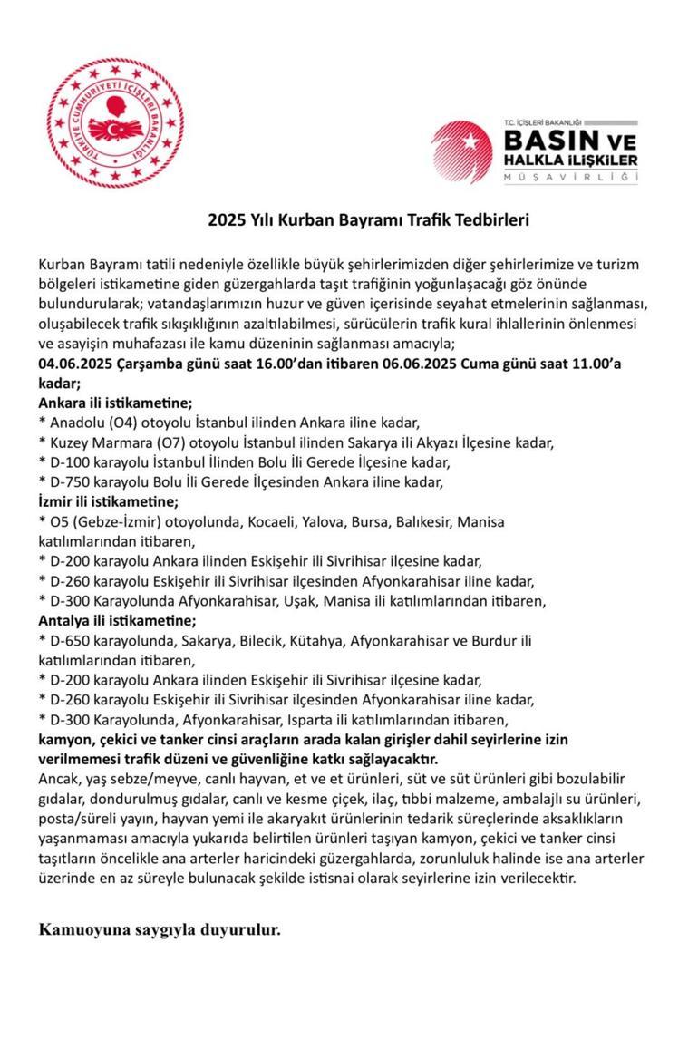 İçişleri Bakanlığı Kurban Bayramı trafik tedbirlerini açıkladı
