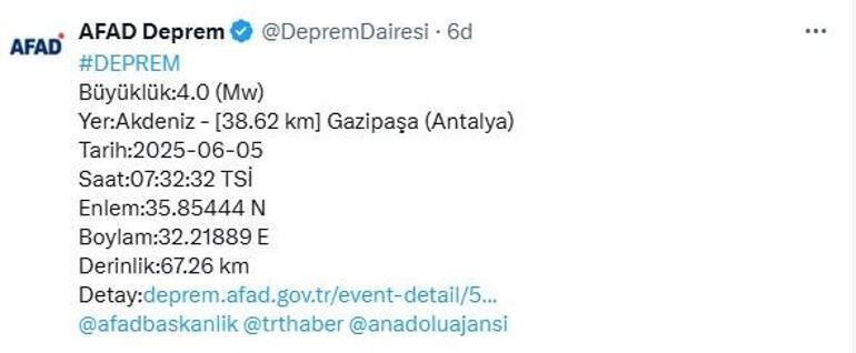 Son dakika AFADdan açıklama: Antalyada 4 büyüklüğünde deprem