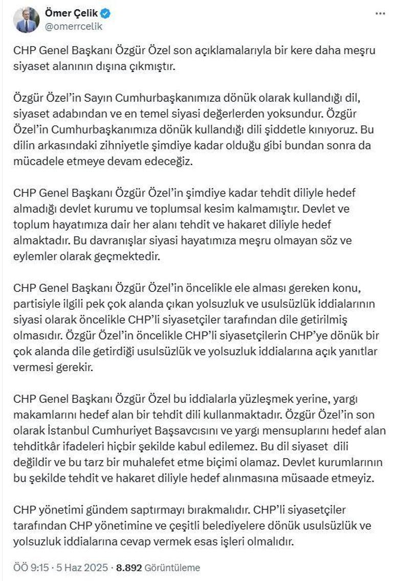 Özgür Özele tepki AK Parti Sözcüsü Çelik: Her alanı tehdit ve hakaret diliyle hedef almaktadır