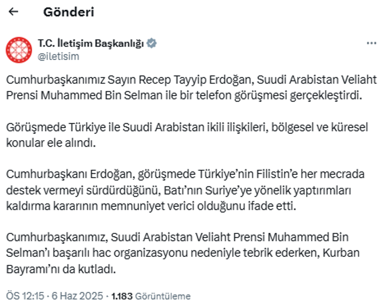 Cumhurbaşkanı Erdoğan, Suudi Arabistan Veliaht Prensi bin Selman ile telefonda görüştü