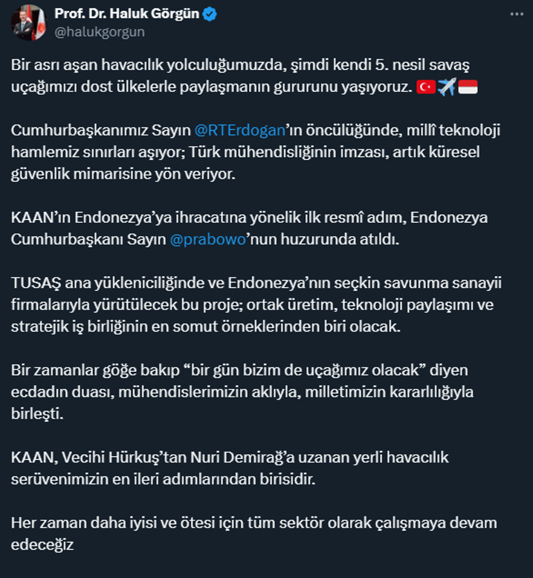 Haluk Görgünden KAANın ihracatıyla ilgili açıklama