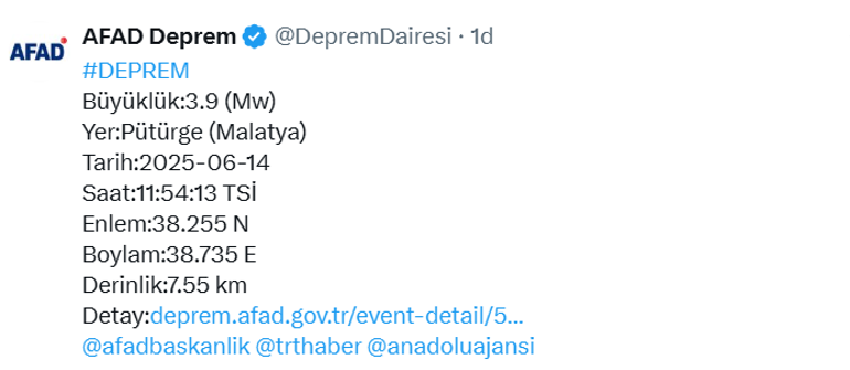 Malatyada 3.9 büyüklüğünde deprem: AFADdan açıklama
