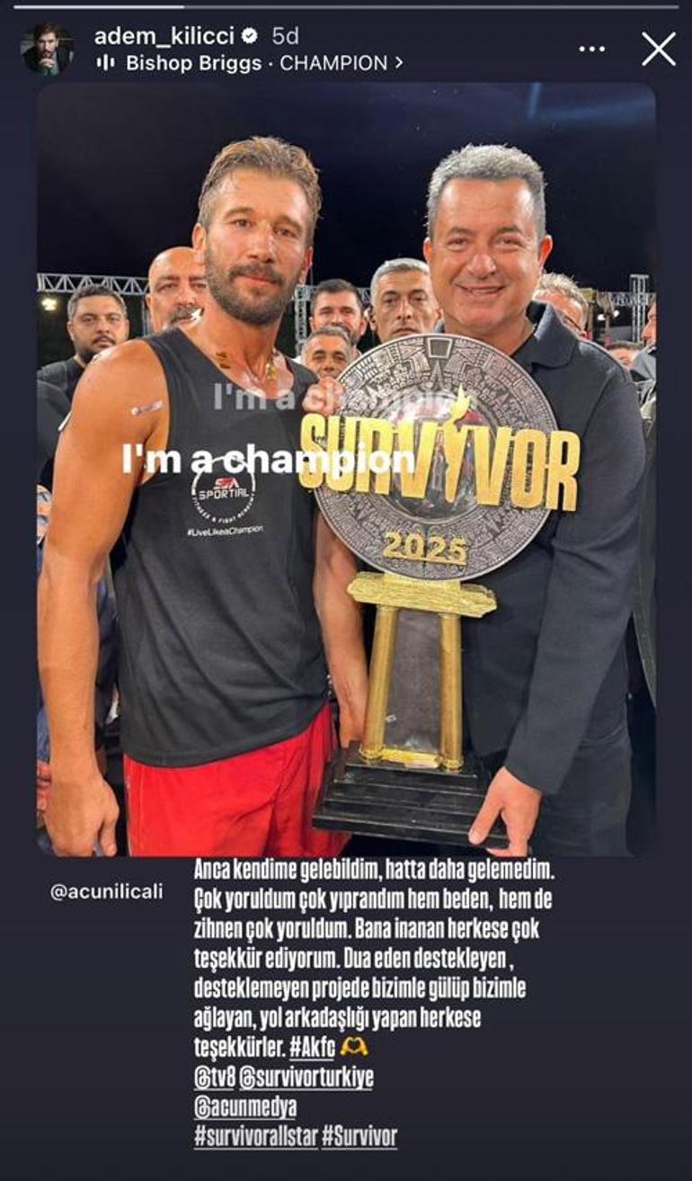 Survivor 2025 şampiyonu olan Adem Kılıççıdan ilk paylaşım Çok yoruldum, çok yıprandım...