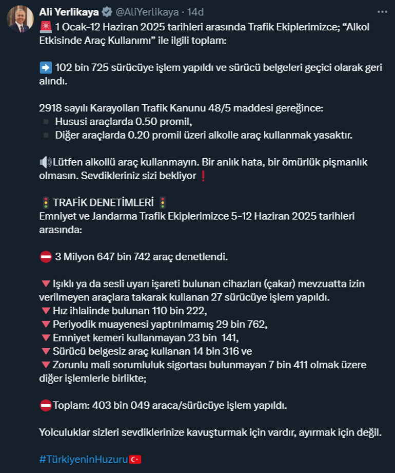 Alkollü araç kullananlar yandı Bakan Yerlikaya: 102 bin 725 sürücüye işlem yapıldı