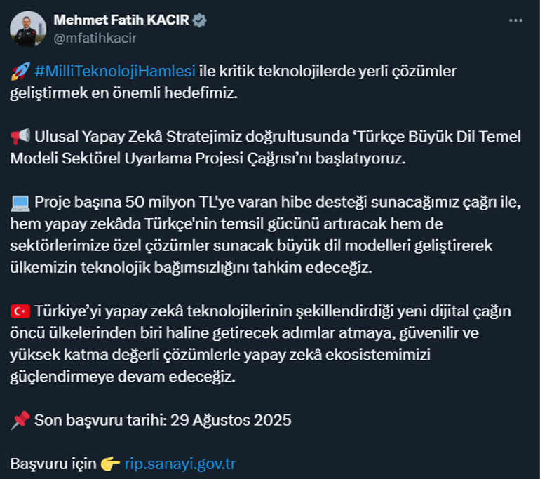 Bakan Kacır açıkladı Proje başına 50 milyon TLye varan hibe desteği sunulacak