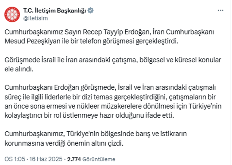 Cumhurbaşkanı Erdoğan, İran Cumhurbaşkanı Pezeşkiyan ile telefonda görüştü