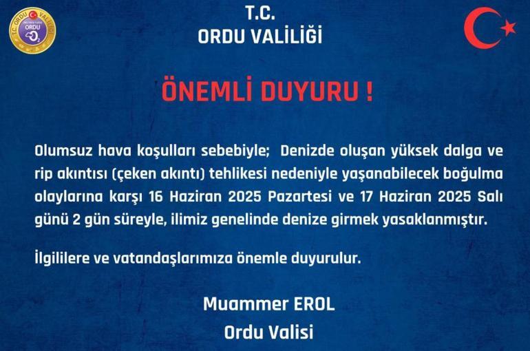 Meteoroloji uyardı Ordu hava durumu nasıl 17 Haziran 2025 Ordu Valiliğinden uyarı: Orduda denize girmek yasak mı